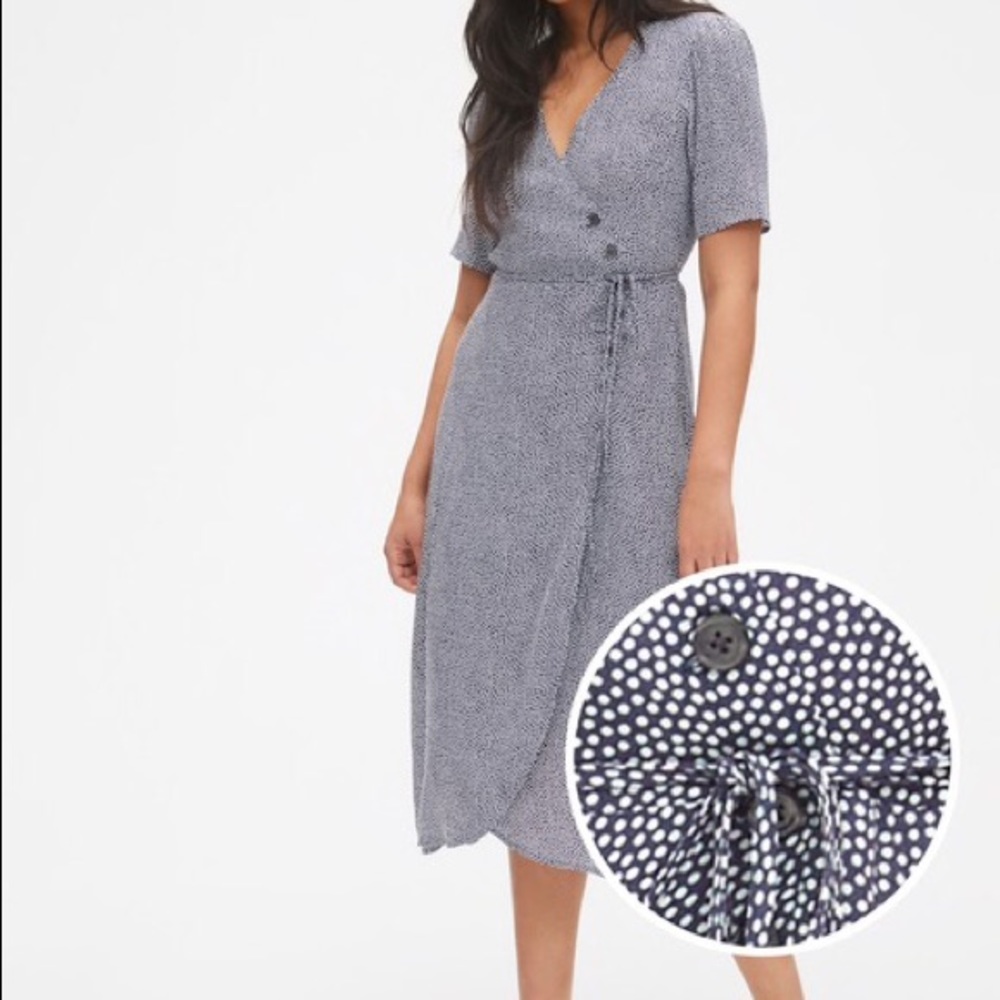 Gap midi wrap dress in navy polka dot